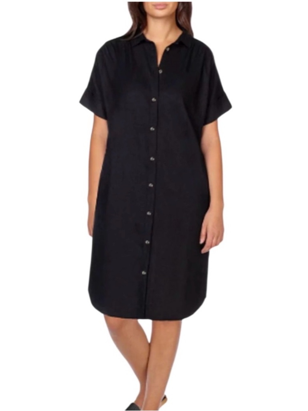 Well Worn Dress Black Linen Blend Short Sleeve Button Front Shirt Small Classic